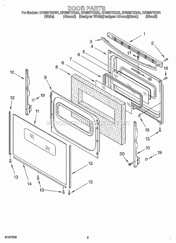 Whirlpool RF386PXGB4 Freestanding Electric Range Door Diagram