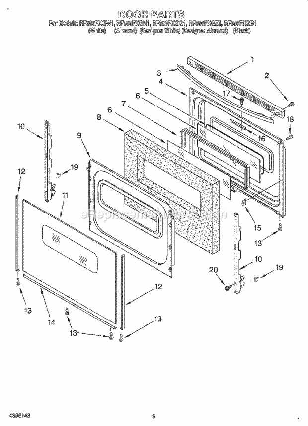 Whirlpool RF386PXGN1 Freestanding Electric Range Door Diagram