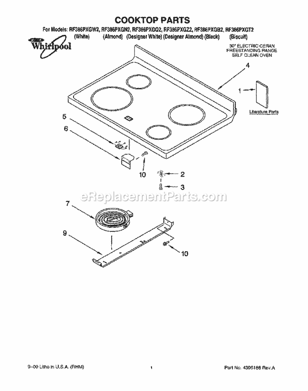 Whirlpool RF386PXGN2 Freestanding Electric Range Cooktop, Literature Diagram