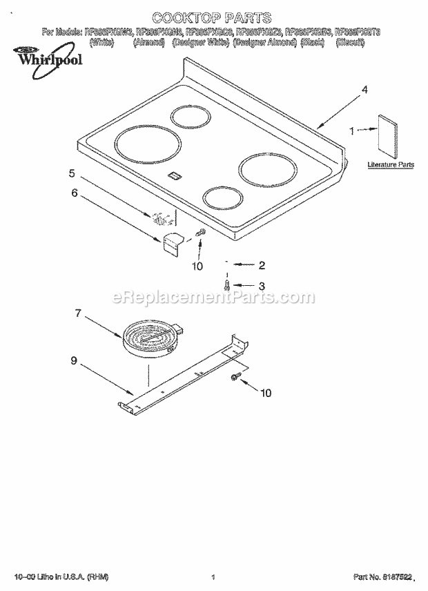 Whirlpool RF386PXGN3 Freestanding Electric Range Cooktop, Literature Diagram