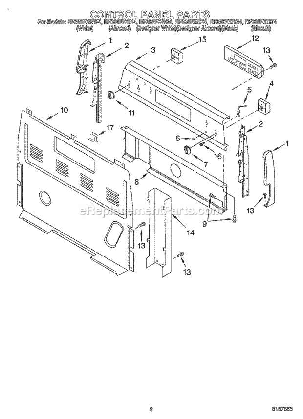 Whirlpool RF386PXGT4 Freestanding Electric Range Control Panel Diagram