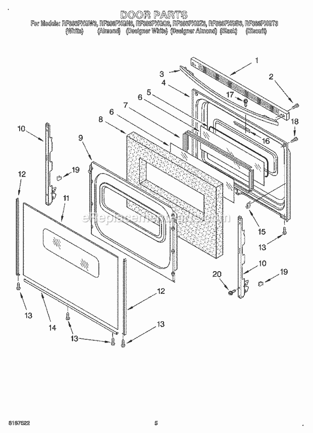 Whirlpool RF386PXGZ3 Freestanding Electric Range Door Diagram