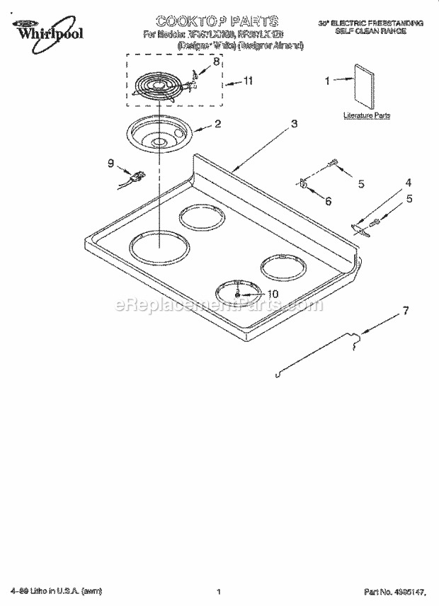 Whirlpool RF387LXHZ0 Freestanding Electric Range Cooktop, Literature Diagram