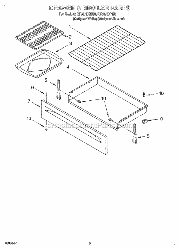 Whirlpool RF387LXHZ0 Freestanding Electric Range Drawer and Broiler Diagram