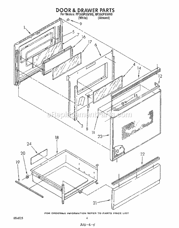 Whirlpool RF390PXWW0 Electric Range Door and Drawer Diagram