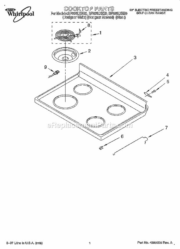 Whirlpool RF395LXEB0 Freestanding Electric Cooktop Diagram