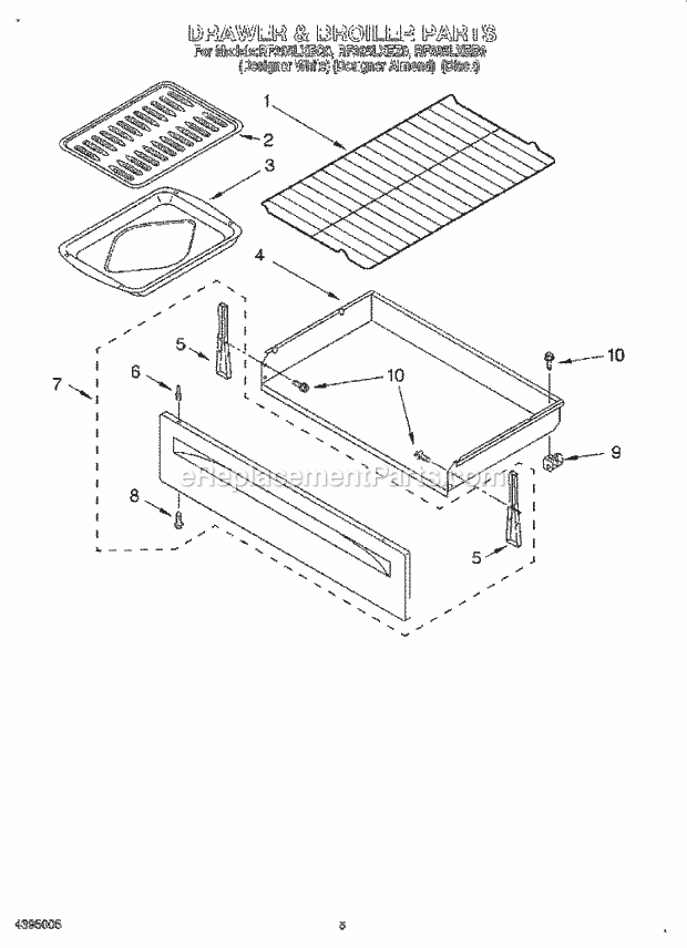 Whirlpool RF395LXEB0 Freestanding Electric Drawer and Broiler Diagram