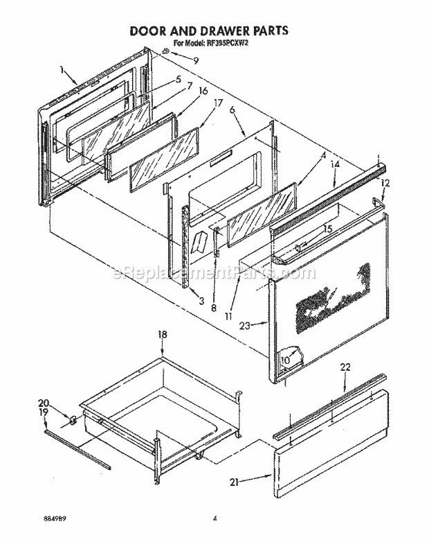 Whirlpool RF395PCXW2 Electric Range Door and Drawer Diagram