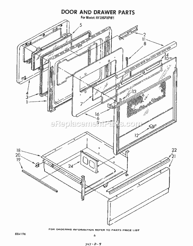 Whirlpool RF395PXPW1 Electric Range Door and Drawer Diagram