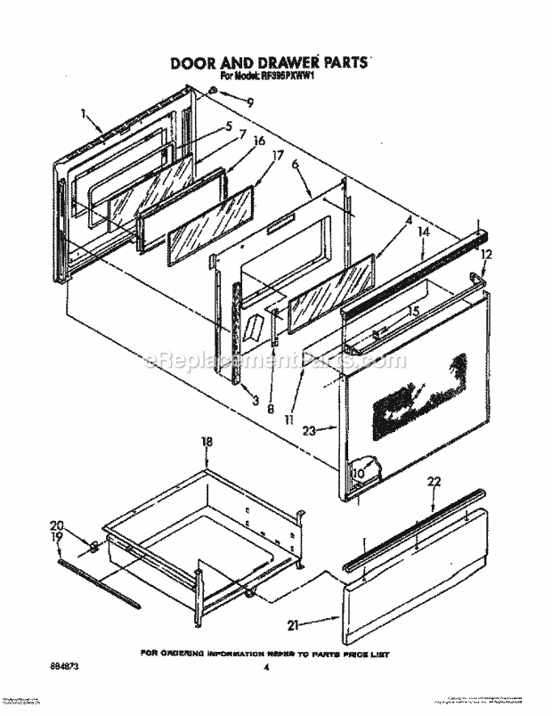Whirlpool RF395PXWW1 Electric Range Door and Drawer Diagram