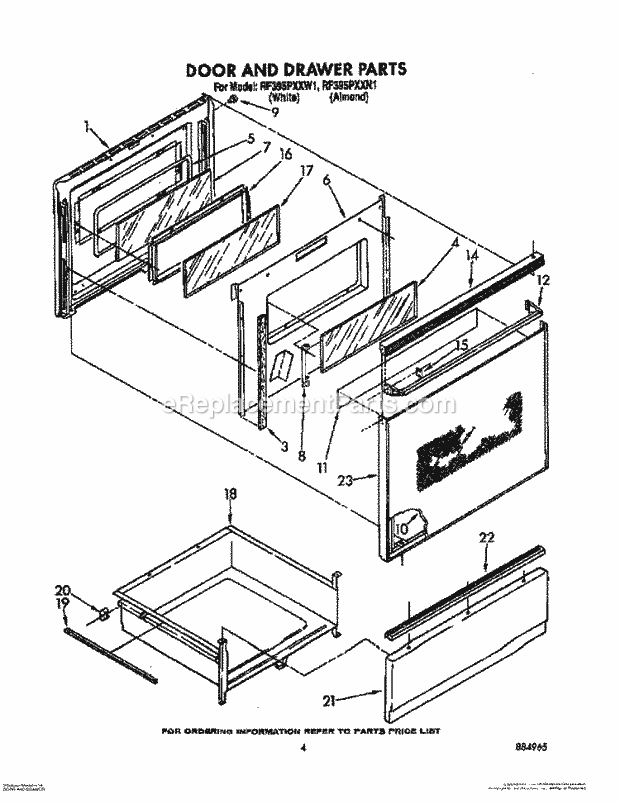 Whirlpool RF395PXXN1 Electric Range Door and Drawer Diagram