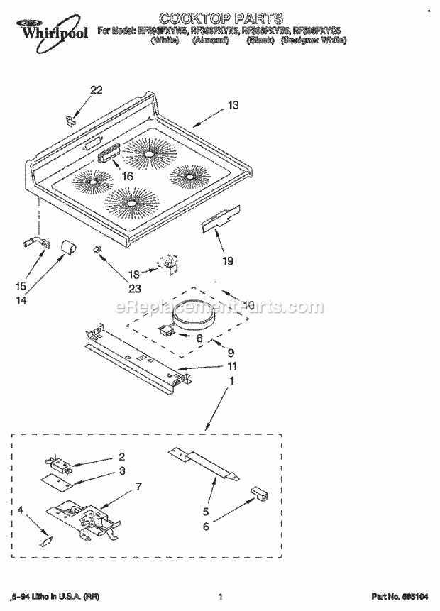 Whirlpool RF396PXYB5 Freestanding Electric Range Cooktop Diagram