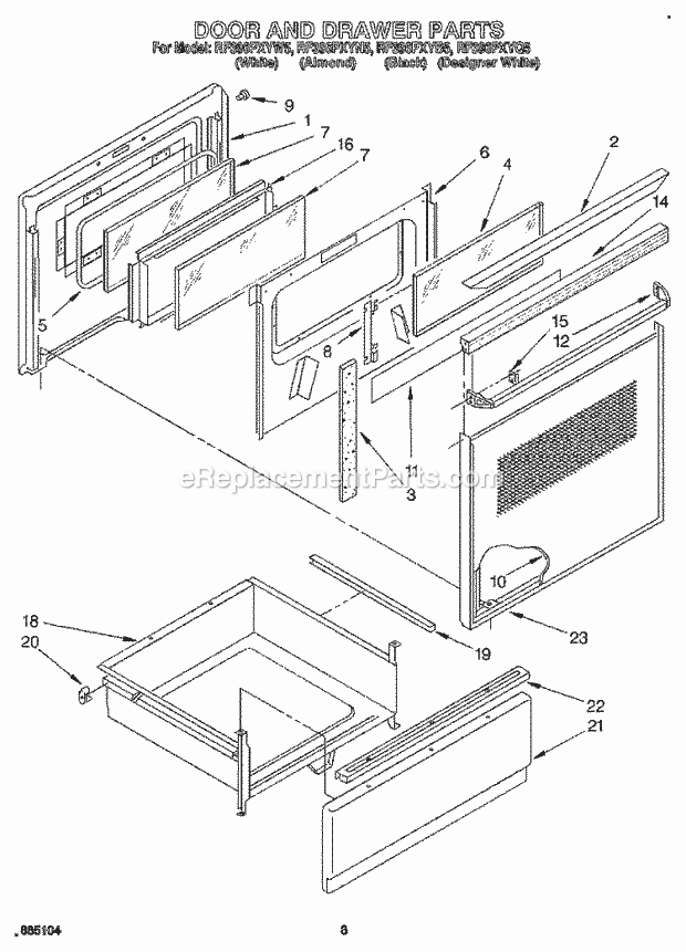 Whirlpool RF396PXYB5 Freestanding Electric Range Door and Drawer Diagram
