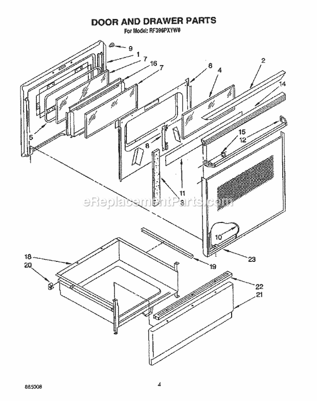 Whirlpool RF396PXYN0 Range Door and Drawer Diagram