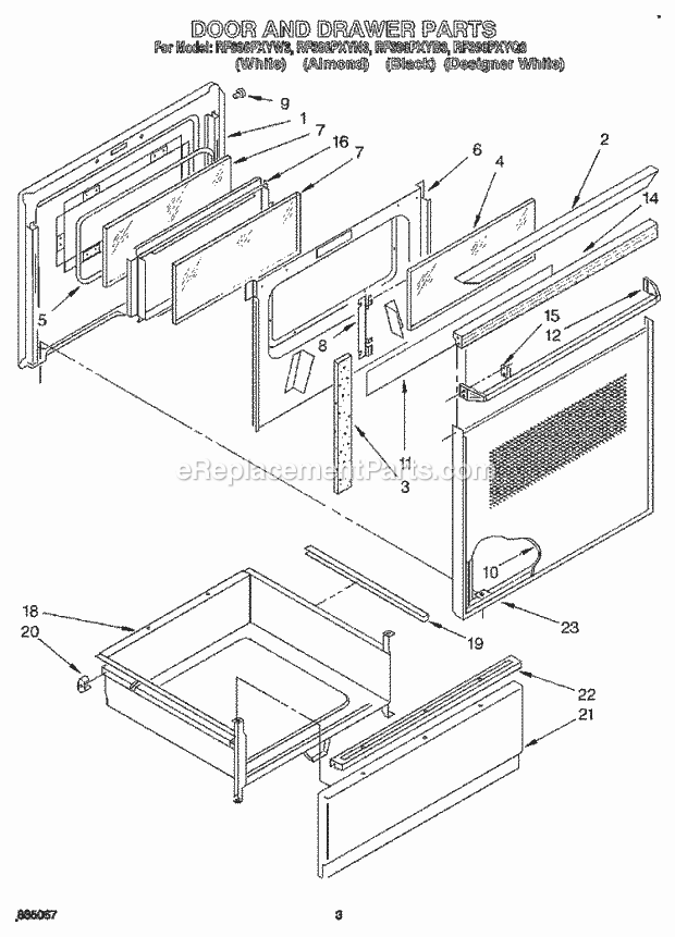 Whirlpool RF396PXYW3 Electric Range Door and Drawer Diagram