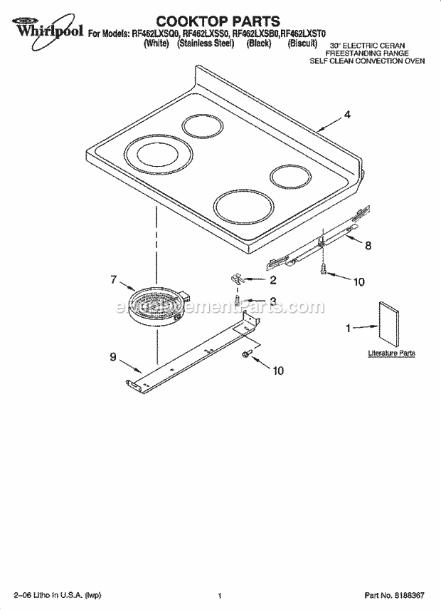 Whirlpool RF462LXSQ0 Freestanding Electric Cooktop Parts Diagram