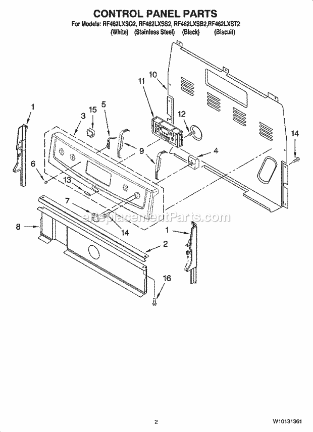 Whirlpool RF462LXSQ2 Freestanding Electric Control Panel Parts Diagram