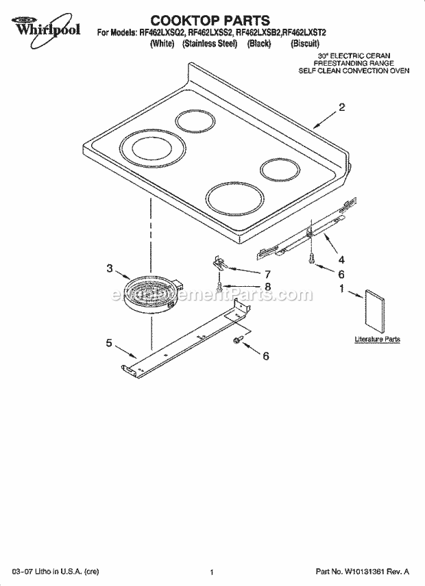 Whirlpool RF462LXSQ2 Freestanding Electric Cooktop Parts Diagram