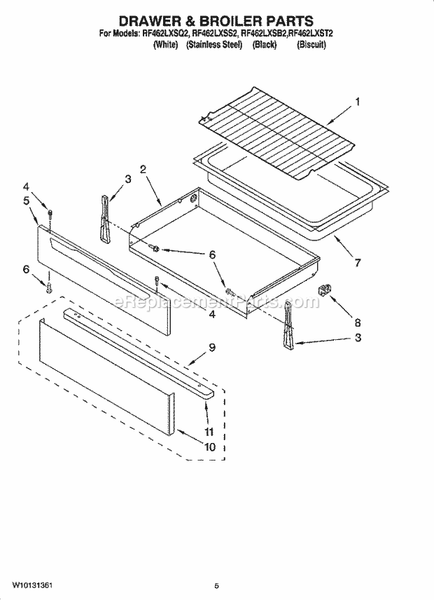 Whirlpool RF462LXSQ2 Freestanding Electric Drawer & Broiler Parts Diagram