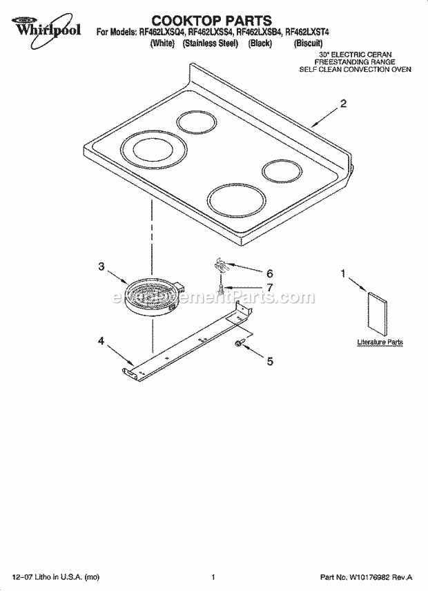 Whirlpool RF462LXST4 Freestanding Electric Cooktop Parts Diagram