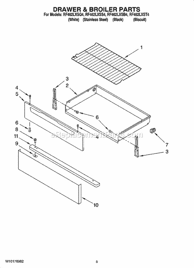 Whirlpool RF462LXST4 Freestanding Electric Drawer & Broiler Parts Diagram