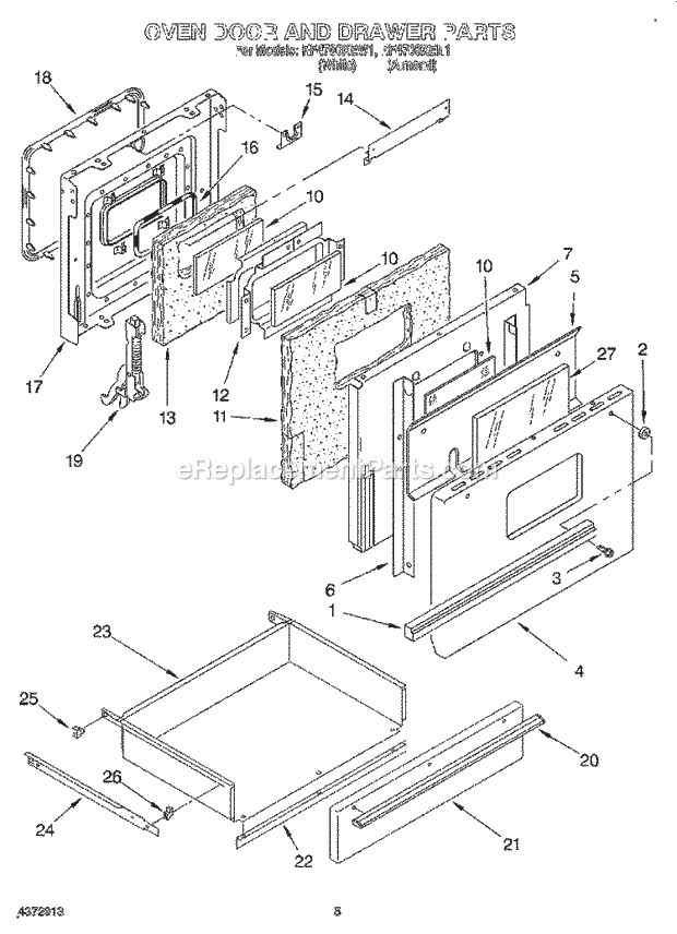 Whirlpool RF4700XEN1 Freestanding Electric Range Oven Door and Drawer Diagram
