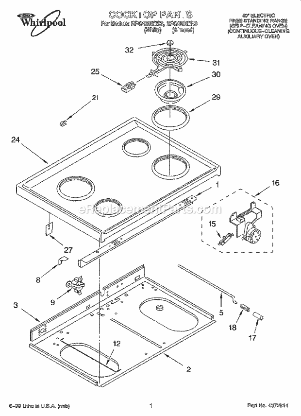 Whirlpool RF4700XEW3 Freestanding Electric Range Cooktop Diagram