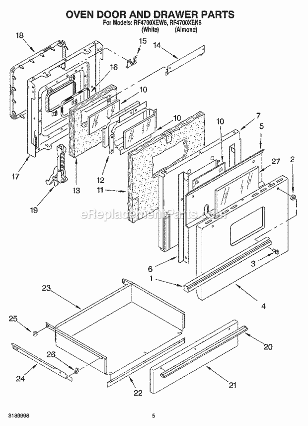 Whirlpool RF4700XEW6 Freestanding Electric Oven Door and Drawer Diagram