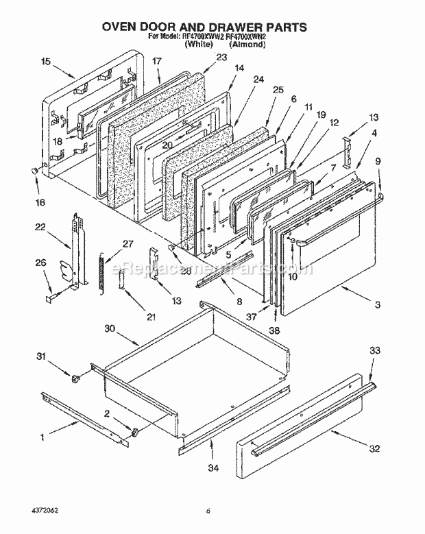 Whirlpool RF4700XWW2 Freestanding Electric Range Oven Door and Drawer Diagram