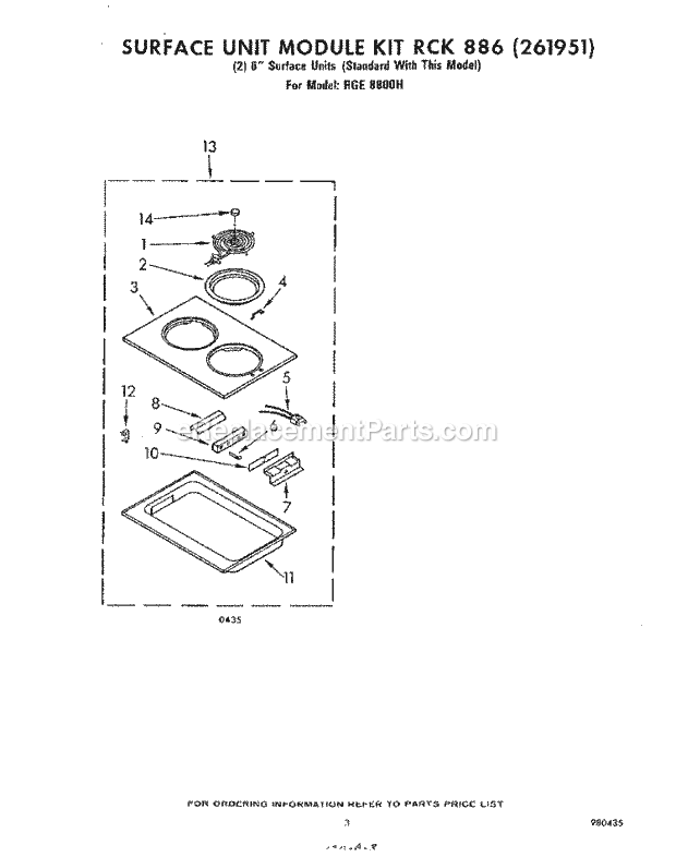 Whirlpool RGE8800H Electric Range Surface Unit Kit Rck 886(261951) Diagram