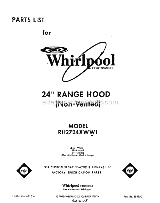 Whirlpool RH2724XWS1 Range Hood Page B Diagram