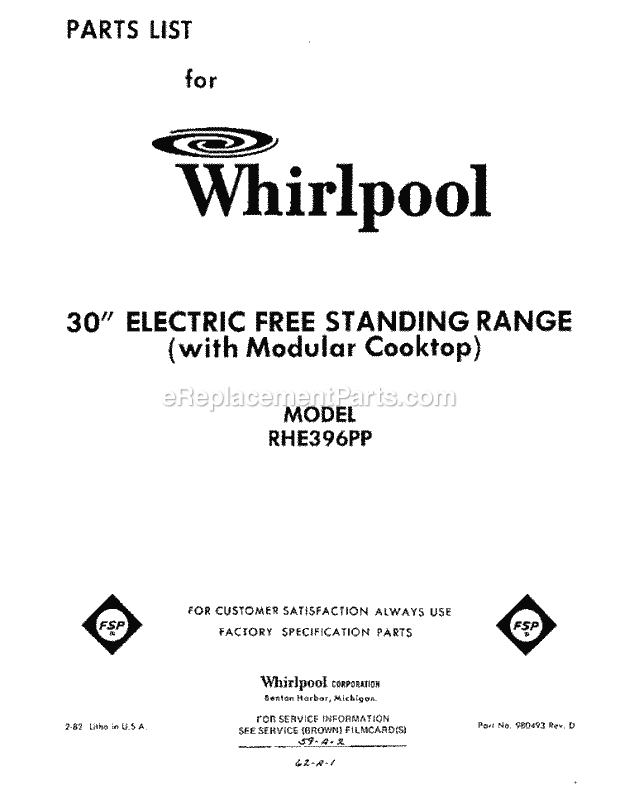 Whirlpool RHE396PP Freestanding Electric Range Page J Diagram