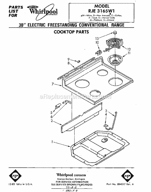 Whirlpool RJE3165W1 Freestanding Electric Range Cook Top Diagram