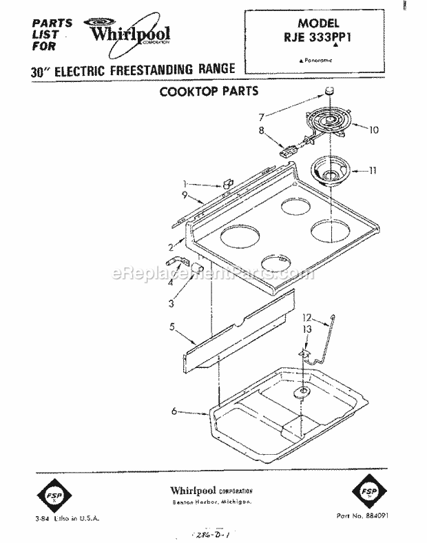 Whirlpool RJE333PP1 Freestanding Electric Range Cooktop Diagram