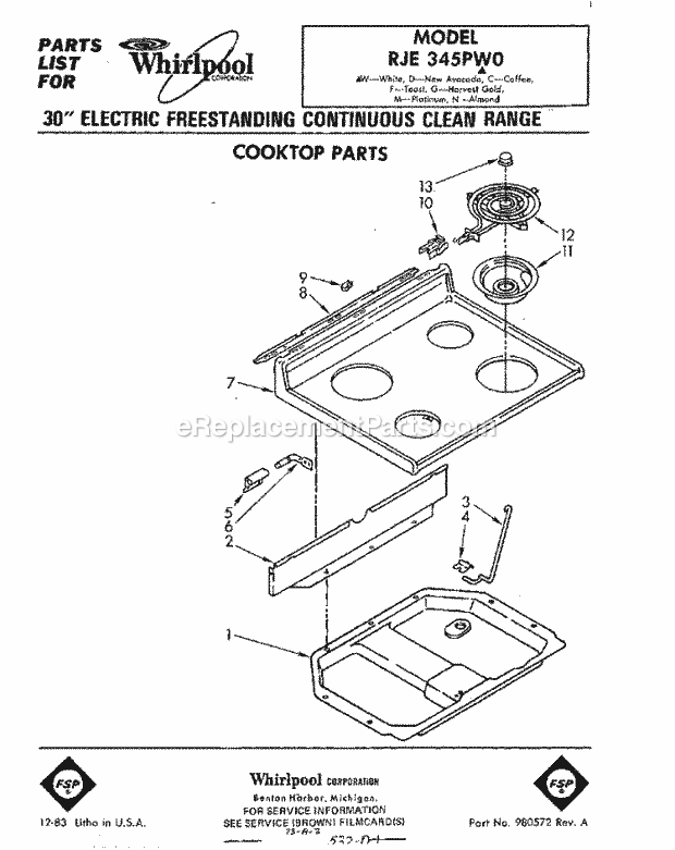 Whirlpool RJE345PW0 Freestanding Electric Range Cooktop Diagram