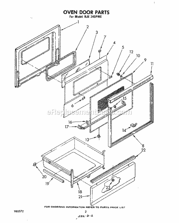 Whirlpool RJE345PW0 Freestanding Electric Range Oven Door Parts Diagram