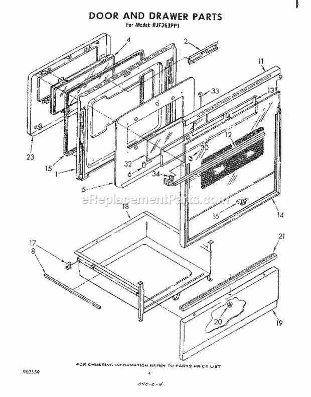 Whirlpool RJE363PP1 Freestanding Electric Range Door and Drawer Diagram