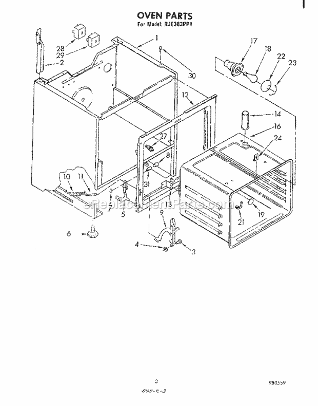 Whirlpool RJE363PP1 Freestanding Electric Range Oven Diagram