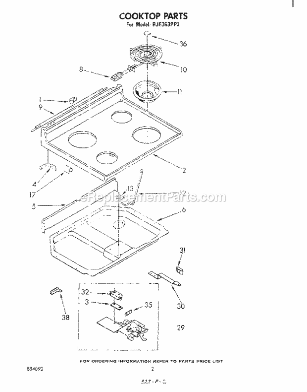 Whirlpool RJE363PP2 Freestanding Electric Range Cooktop Diagram