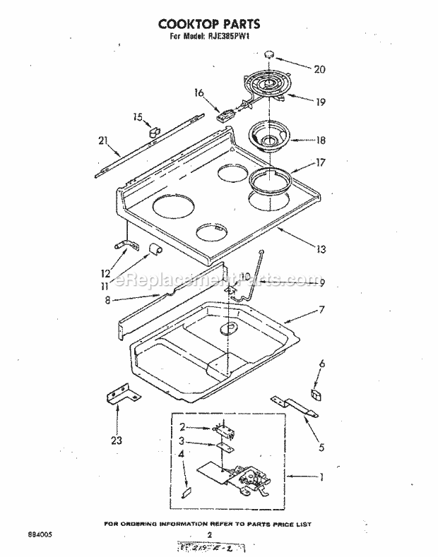 Whirlpool RJE385PW1 Freestanding Electric Range Cooktop Diagram
