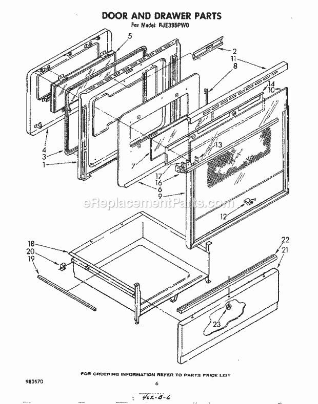 Whirlpool RJE395PW0 Freestanding Electric Range Door and Drawer Diagram