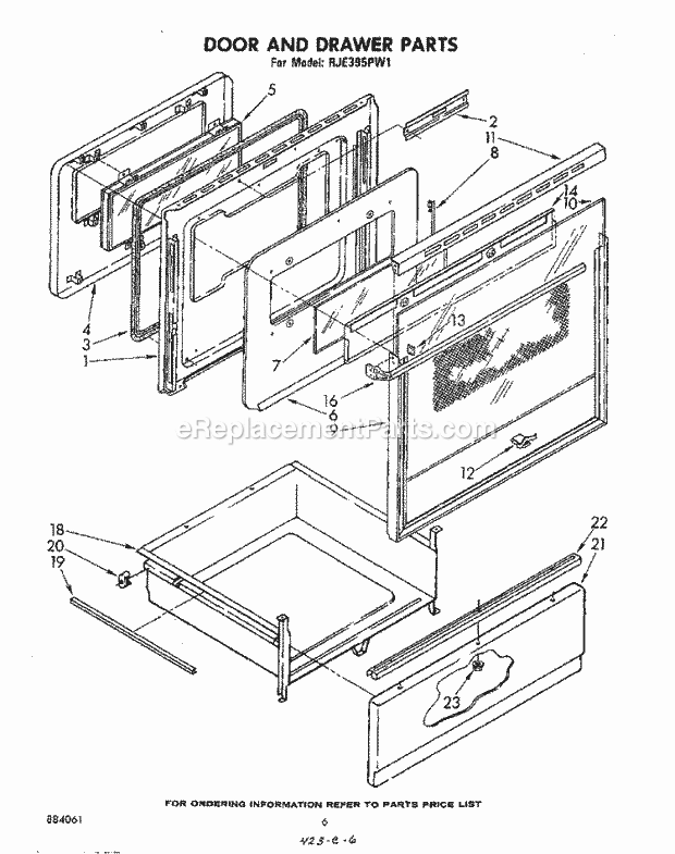 Whirlpool RJE395PW1 Freestanding Electric Range Door and Drawer Diagram