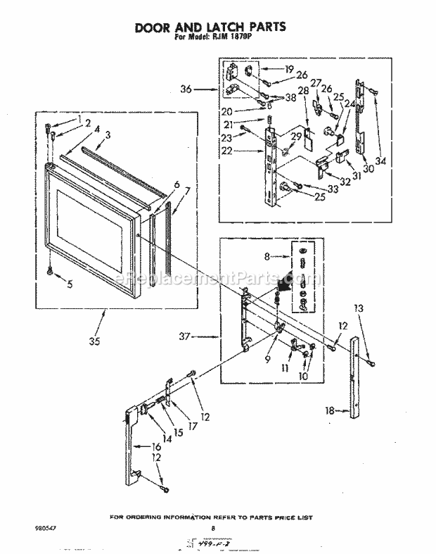 Whirlpool RJM1870P Electric Range Door and Latch Diagram