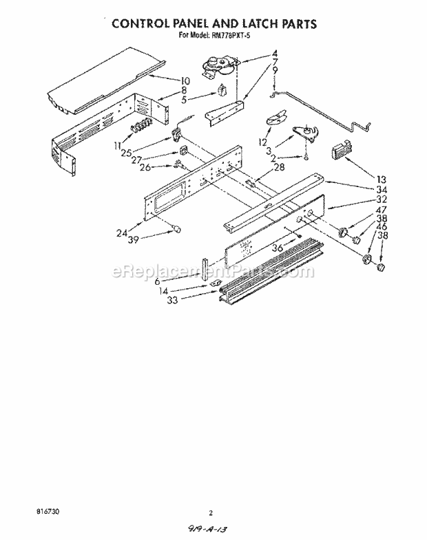 Whirlpool RM778PXT5 Electric Range Control Panel and Latch Diagram