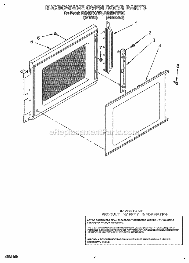 Whirlpool RM980PXYN1 Range Microwave Oven Door Diagram