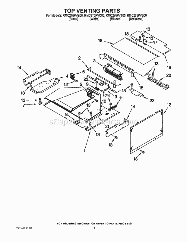 Whirlpool RMC275PVQ00 Wall Oven/Microwave Combo Top Venting Parts Diagram