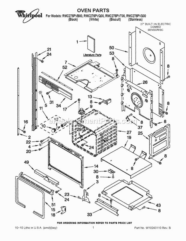 Whirlpool RMC275PVQ00 Wall Oven/Microwave Combo Oven Parts Diagram