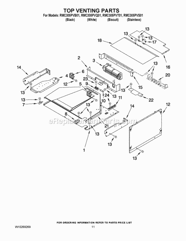 Whirlpool RMC305PVS01 Wall Oven/Microwave Combo Top Venting Parts Diagram