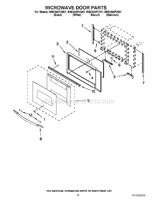 Whirlpool RMC305PVS01 Wall Oven/Microwave Combo Microwave Door Parts Diagram