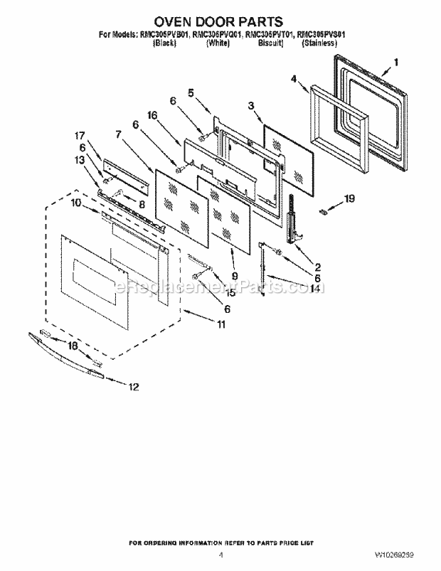 Whirlpool RMC305PVS01 Wall Oven/Microwave Combo Oven Door Parts Diagram